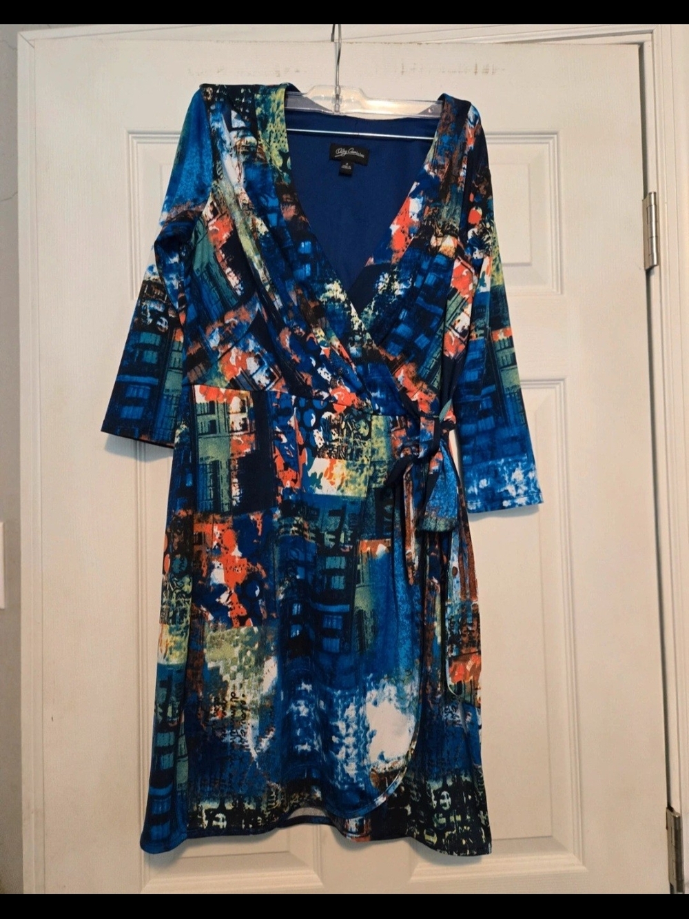Blue Abstract Wrap Dress - Oleg Cassini